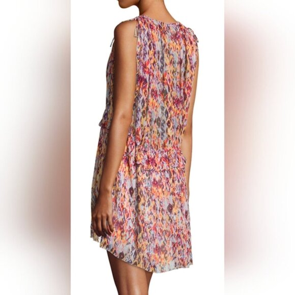 Iro Plum Sleeveless Mini Dress Watercolor Flowy Drawstring Vneck US Size 10 - Picture 2 of 16